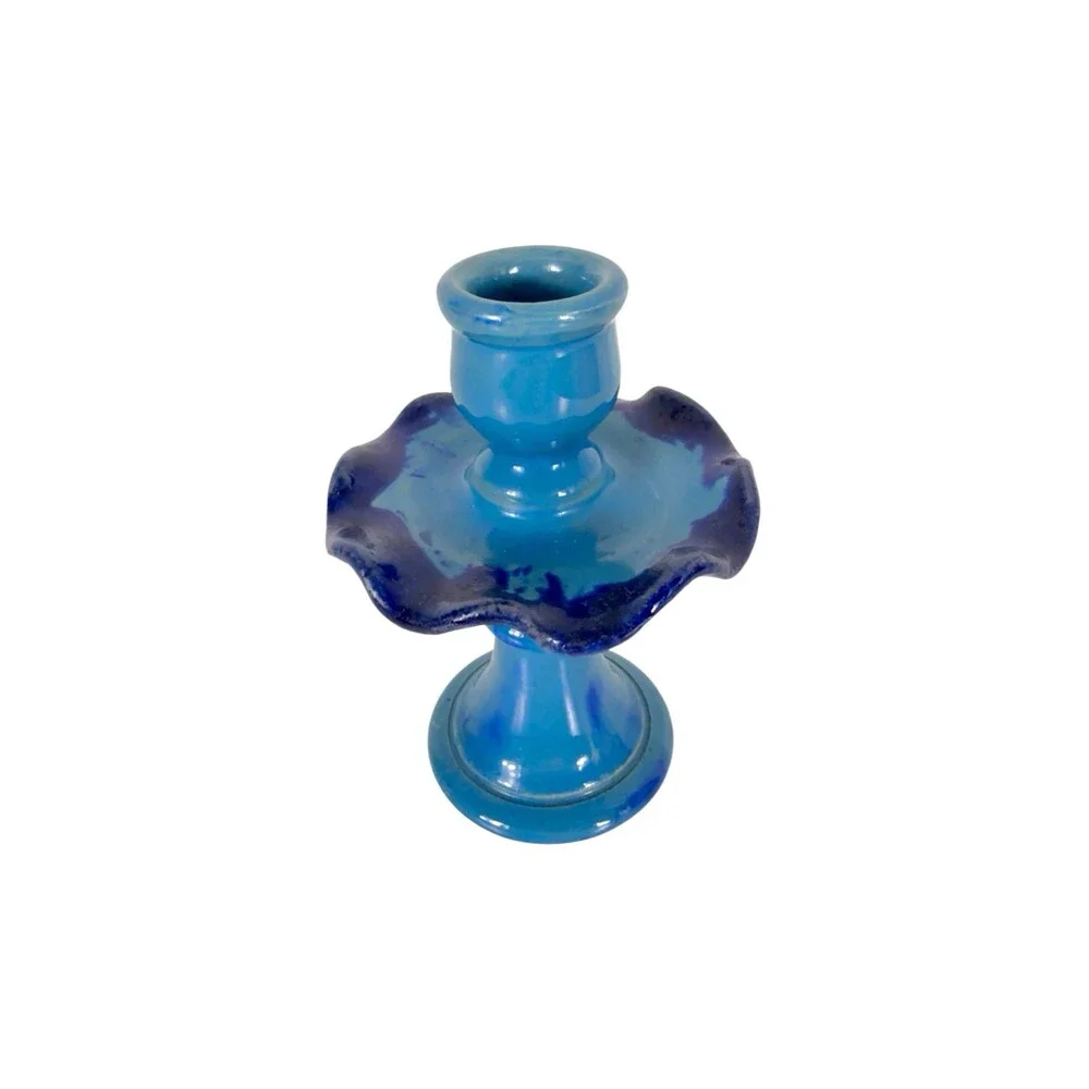 Handmade Vintage Blue Ceramic Studio Pottery Candlestick Ruffled Scalloped Taper
